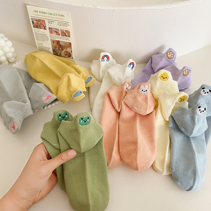 0914033 少女後跟卡通刺繡可愛動物船襪 五雙組 第 3 張