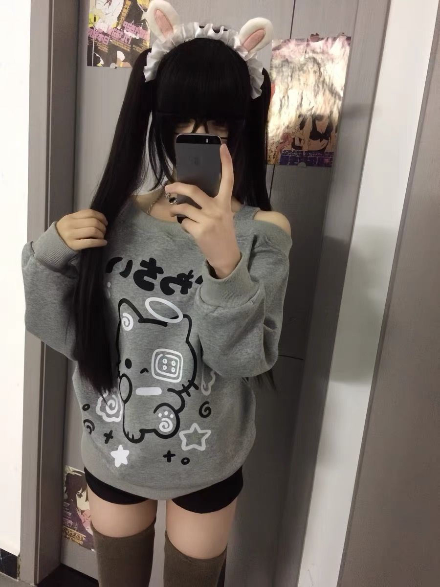 0914065 日系二次元少女貓咪設計露肩長袖TEE 第 3 張
