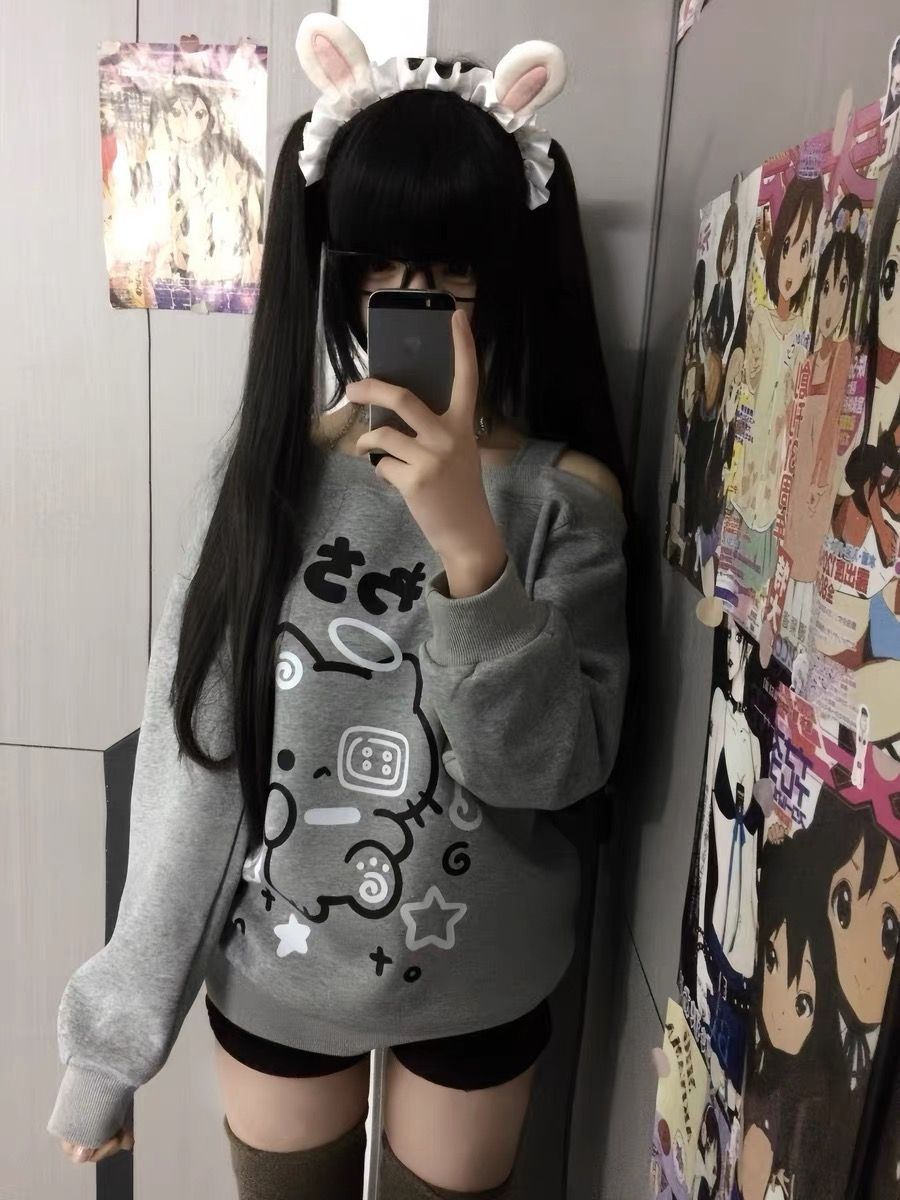0914065 日系二次元少女貓咪設計露肩長袖TEE 第 4 張