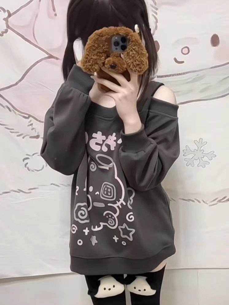 0914065 日系二次元少女貓咪設計露肩長袖TEE 第 5 張