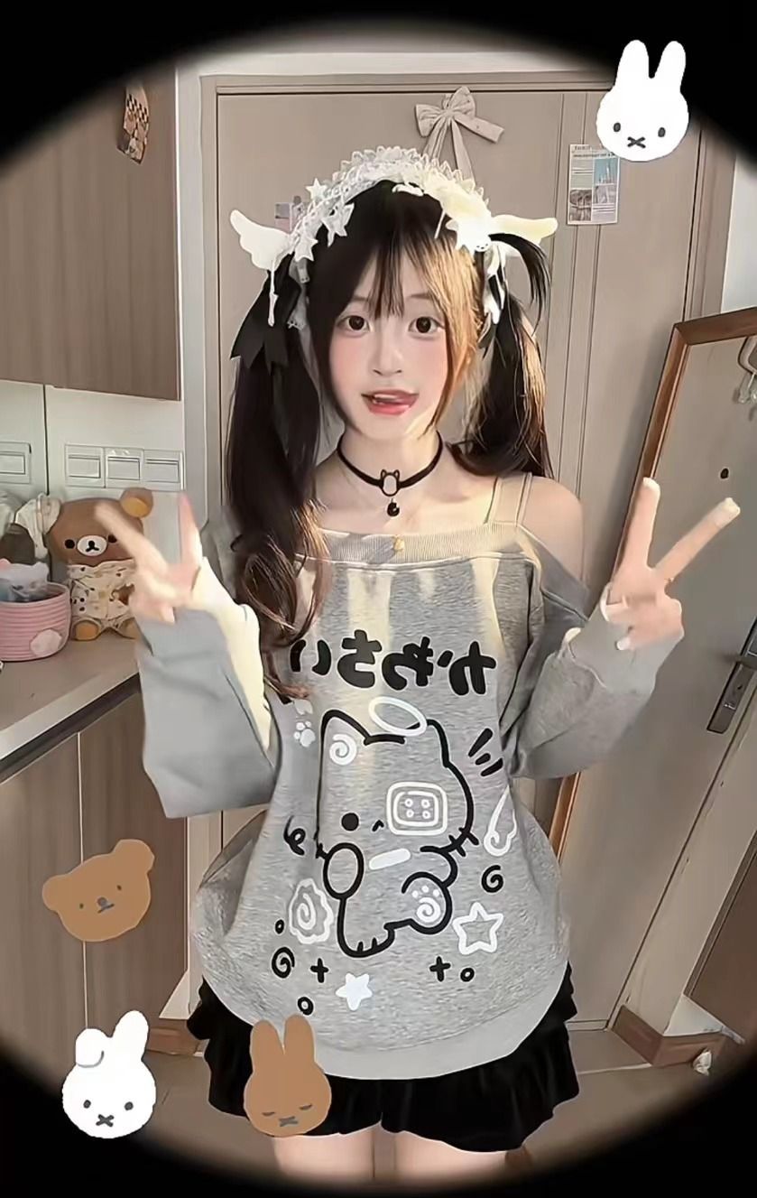 0914065 日系二次元少女貓咪設計露肩長袖TEE 第 8 張