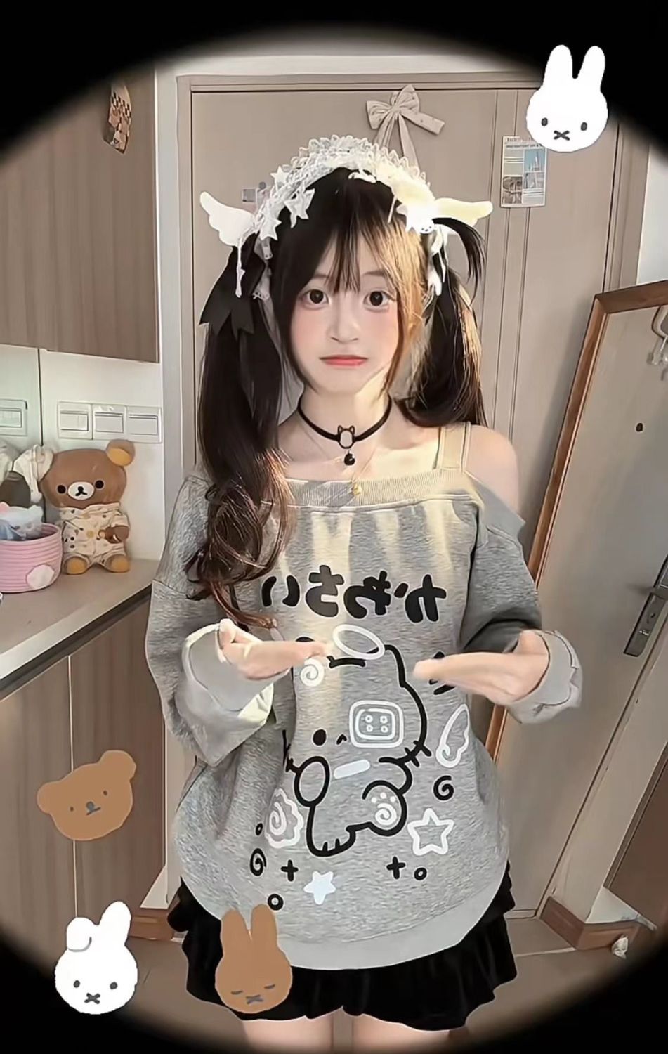 0914065 日系二次元少女貓咪設計露肩長袖TEE 第 9 張