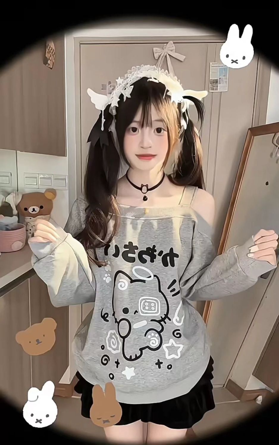 0914065 日系二次元少女貓咪設計露肩長袖TEE 第 10 張