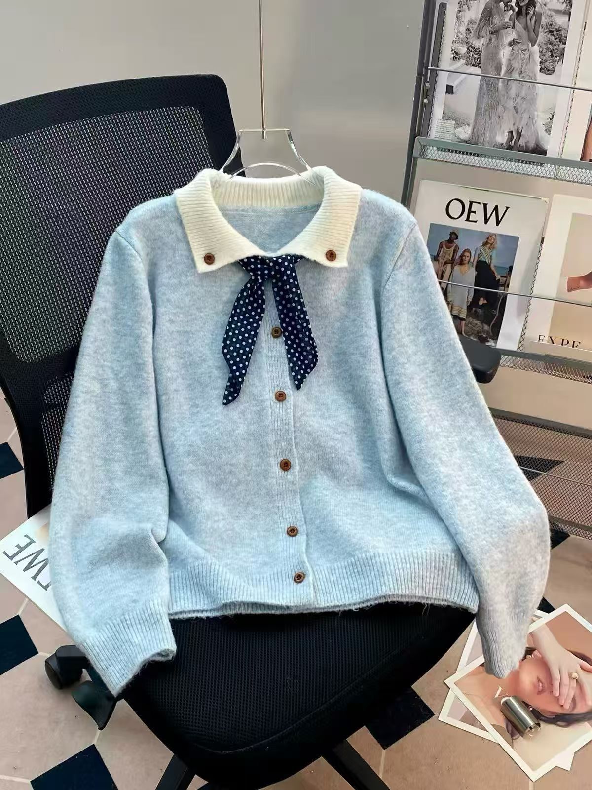 0921046 學院風少女娃娃領蝴蝶結針織保暖小外套 第 6 張