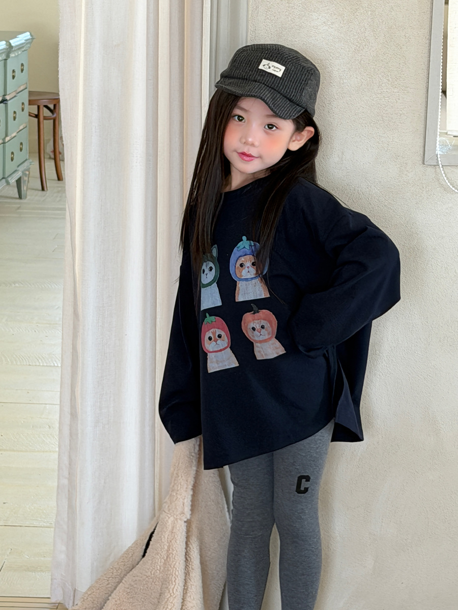 0921056 女中大童秋季網紅小貓印花美式寬鬆oversize長版上衣 第 2 張