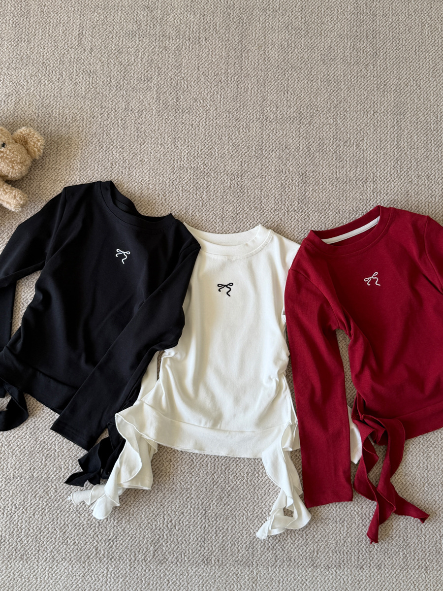 0921058 女中大童韓系秋季側邊綁帶復古刺繡蝴蝶結TEE 第 1 張
