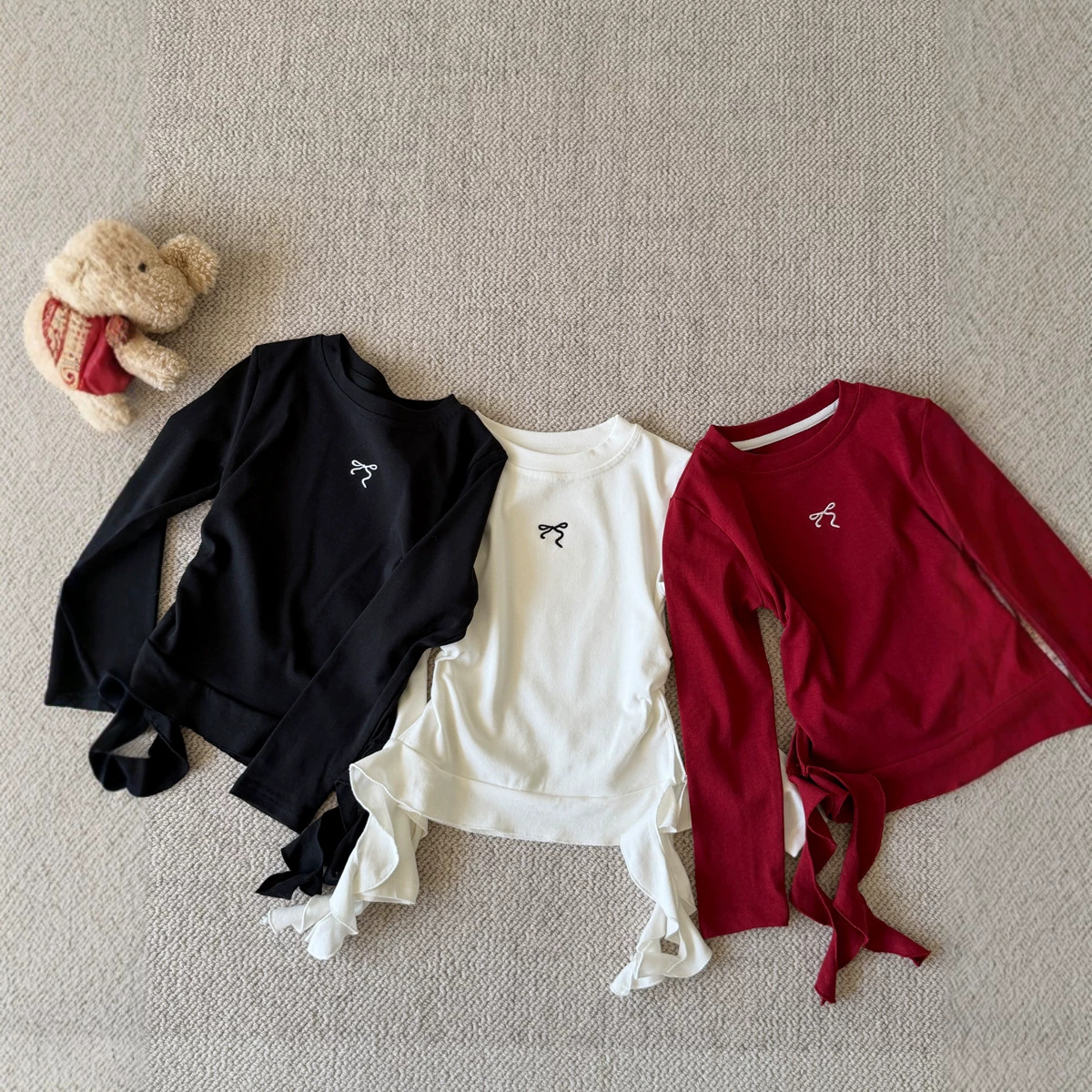 0921058 女中大童韓系秋季側邊綁帶復古刺繡蝴蝶結TEE 第 4 張