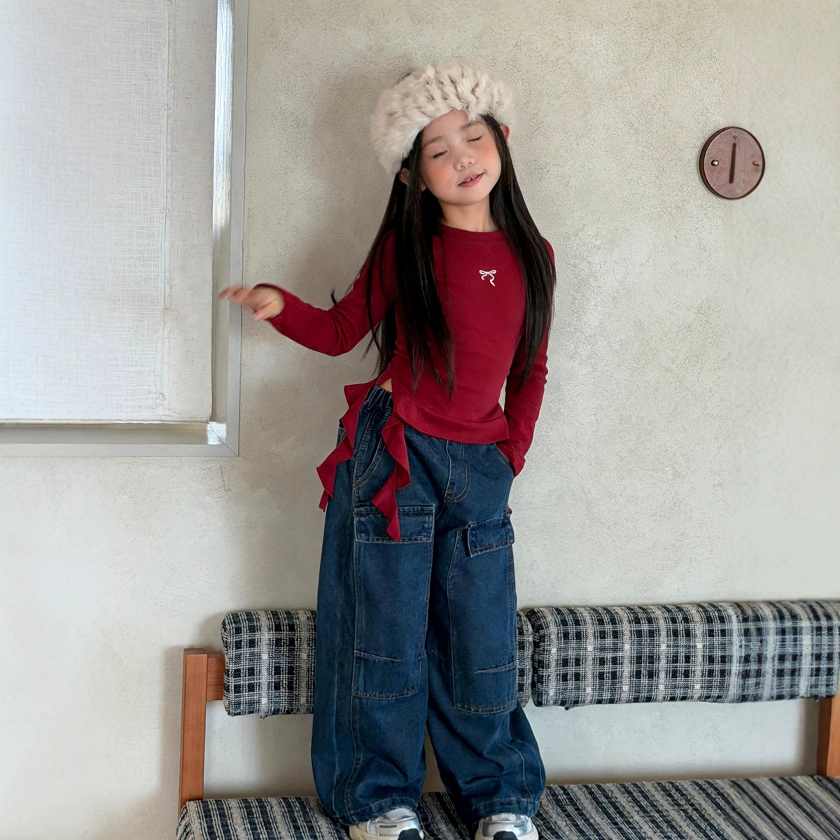 0921058 女中大童韓系秋季側邊綁帶復古刺繡蝴蝶結TEE 第 5 張