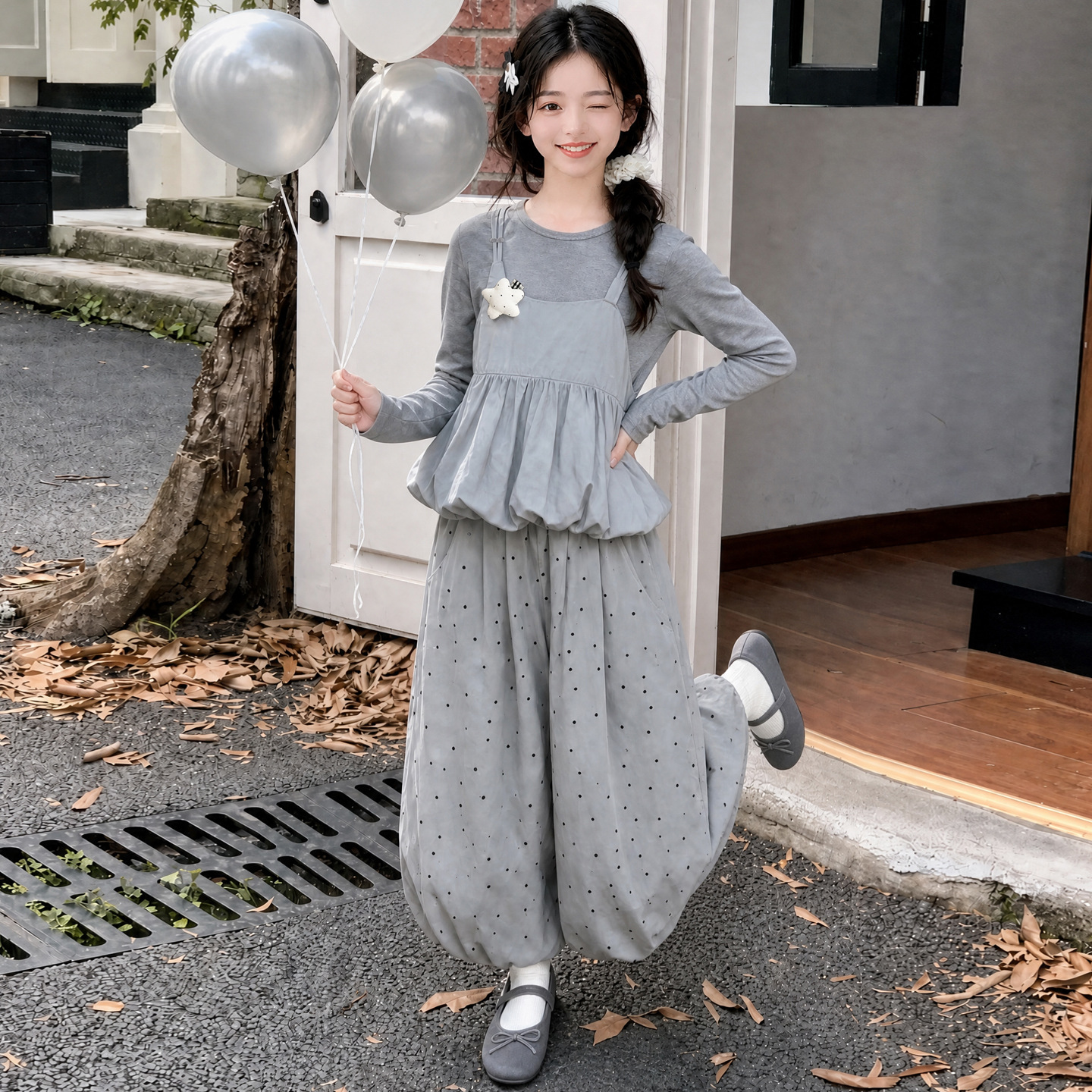 0928049 少女中大童甜美系花苞吊帶上衣+燈籠褲三件式套裝 第 5 張