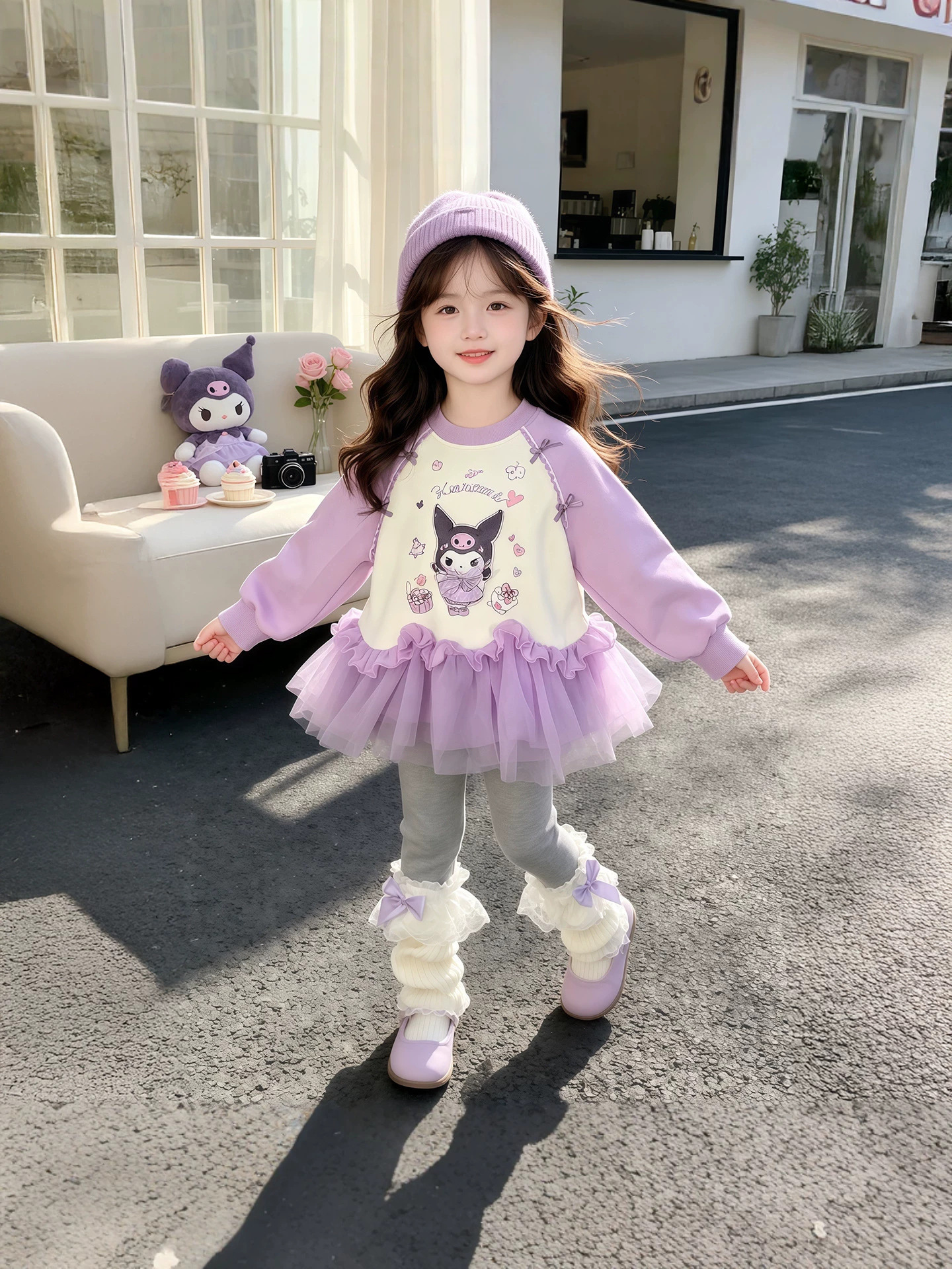 0928071 女童庫洛米甜美網紗裙擺拼接圓領上衣+灰色內搭褲套裝 第 3 張