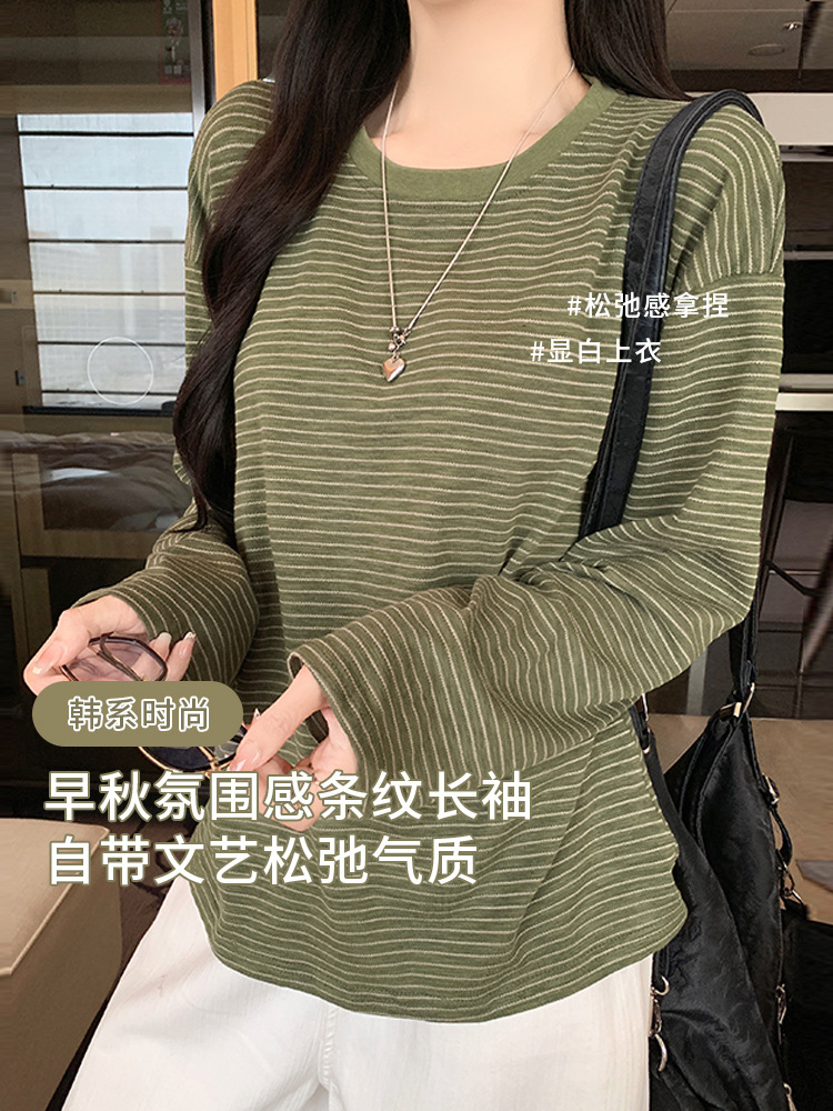 1005003 秋季新品INS女士慵懶復古風撞色條紋長袖TEE 第 3 張