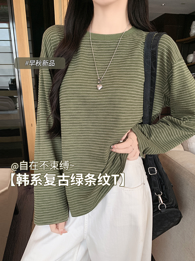 1005003 秋季新品INS女士慵懶復古風撞色條紋長袖TEE 第 4 張