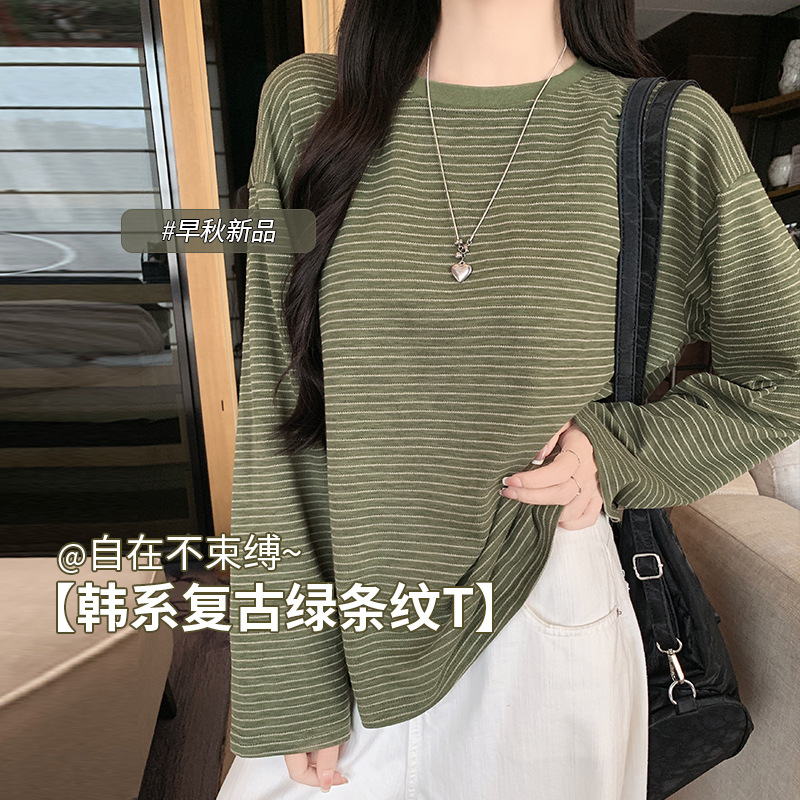 1005003 秋季新品INS女士慵懶復古風撞色條紋長袖TEE 第 8 張