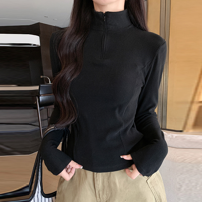 1005004 秋季新品女半拉鏈立領修身顯瘦正肩螺紋長袖TEE 第 7 張