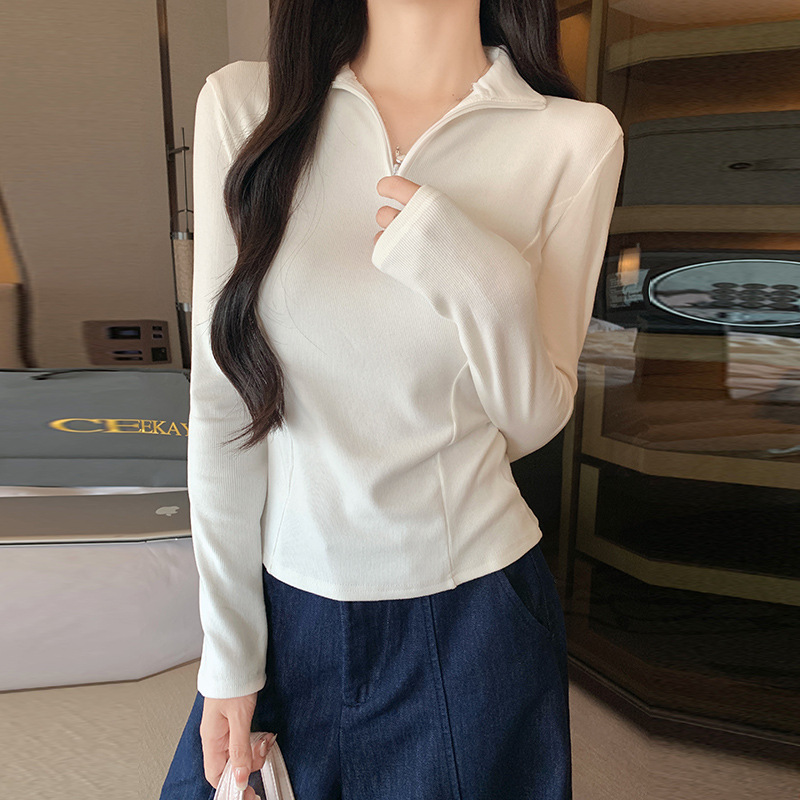 1005004 秋季新品女半拉鏈立領修身顯瘦正肩螺紋長袖TEE 第 8 張