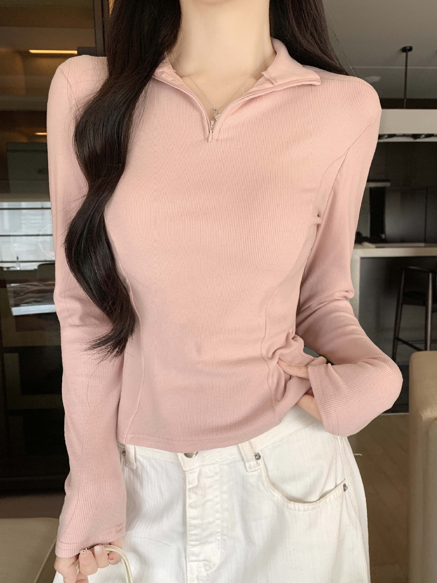1005004 秋季新品女半拉鏈立領修身顯瘦正肩螺紋長袖TEE 第 2 張