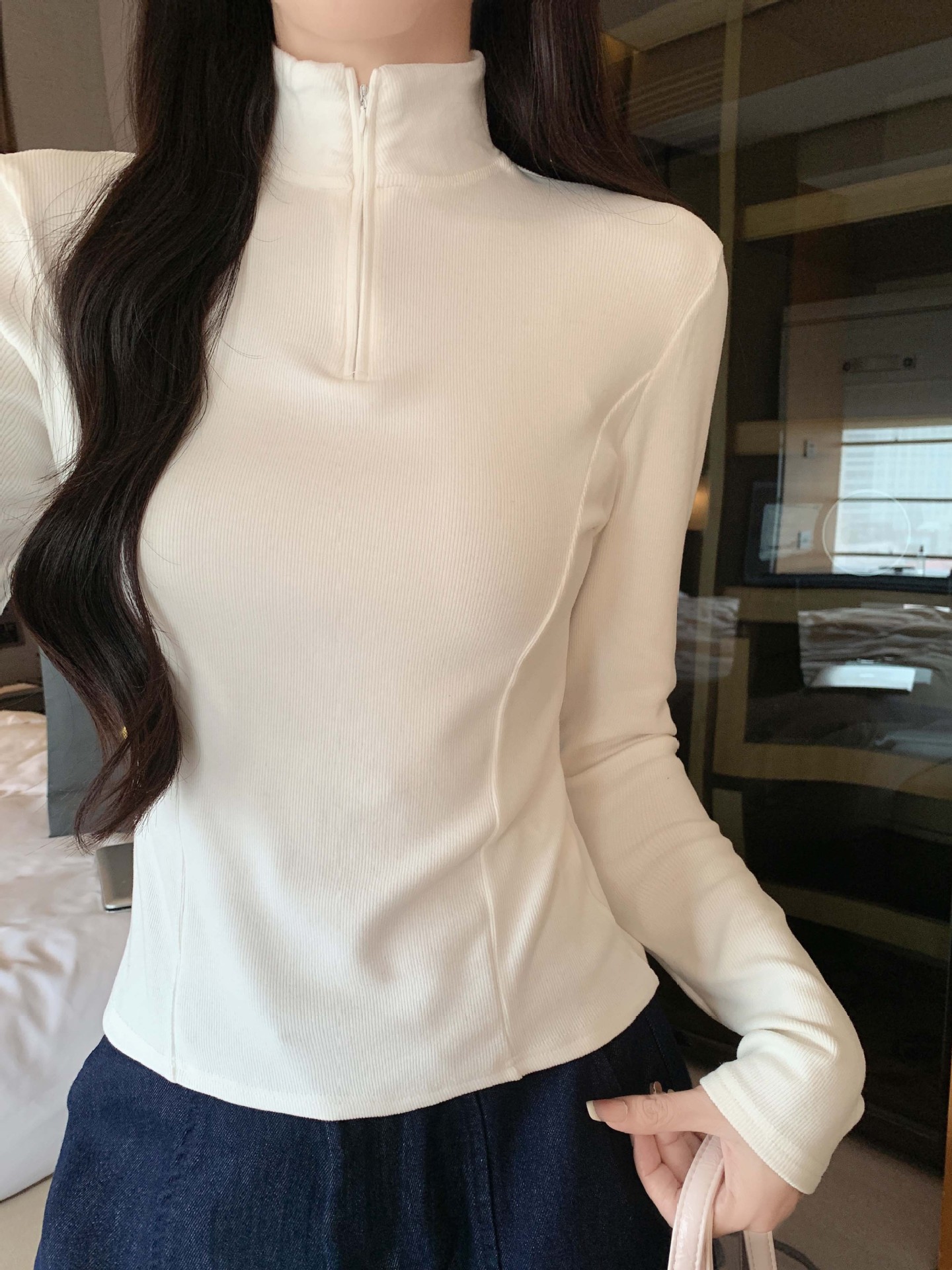 1005004 秋季新品女半拉鏈立領修身顯瘦正肩螺紋長袖TEE 第 3 張