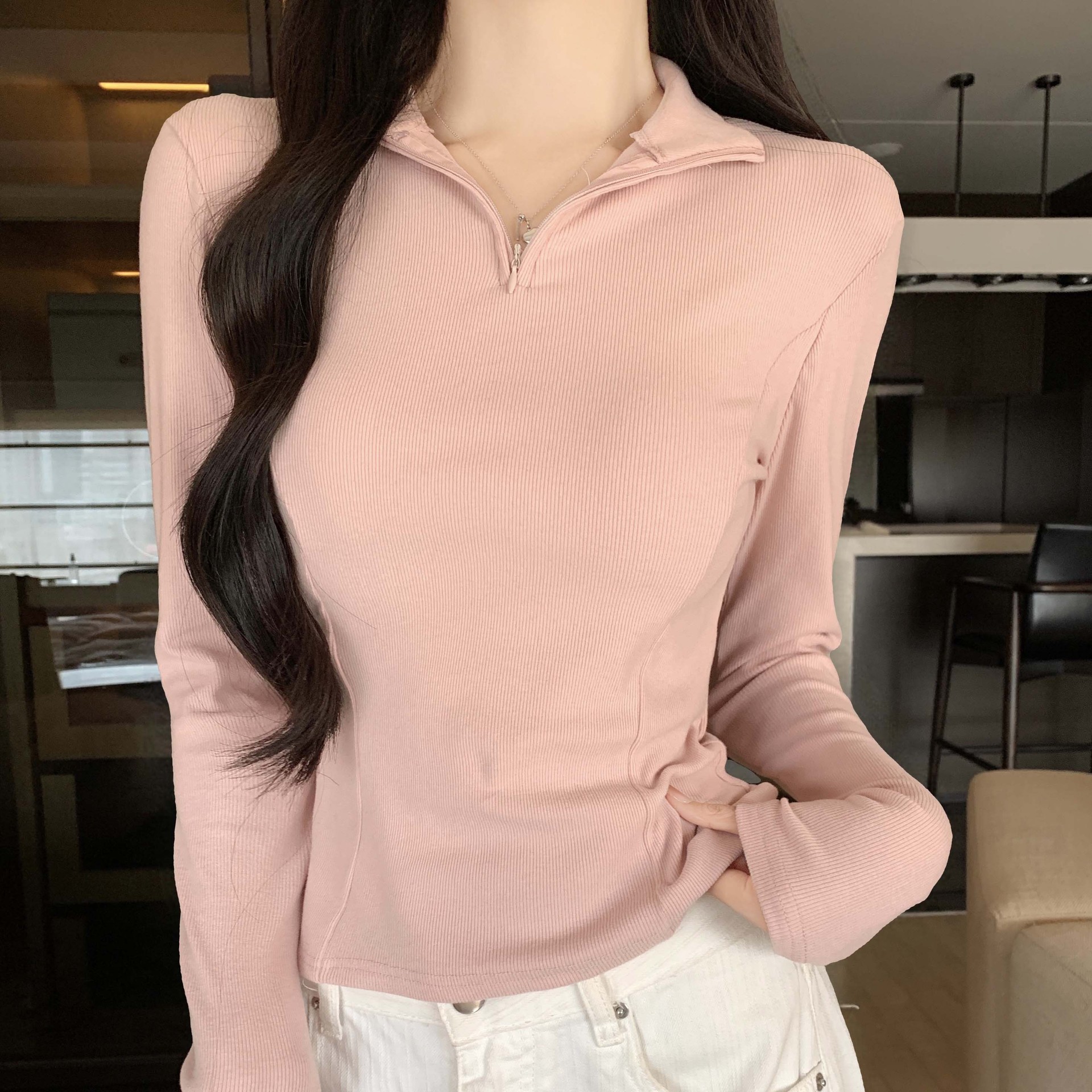 1005004 秋季新品女半拉鏈立領修身顯瘦正肩螺紋長袖TEE 第 4 張