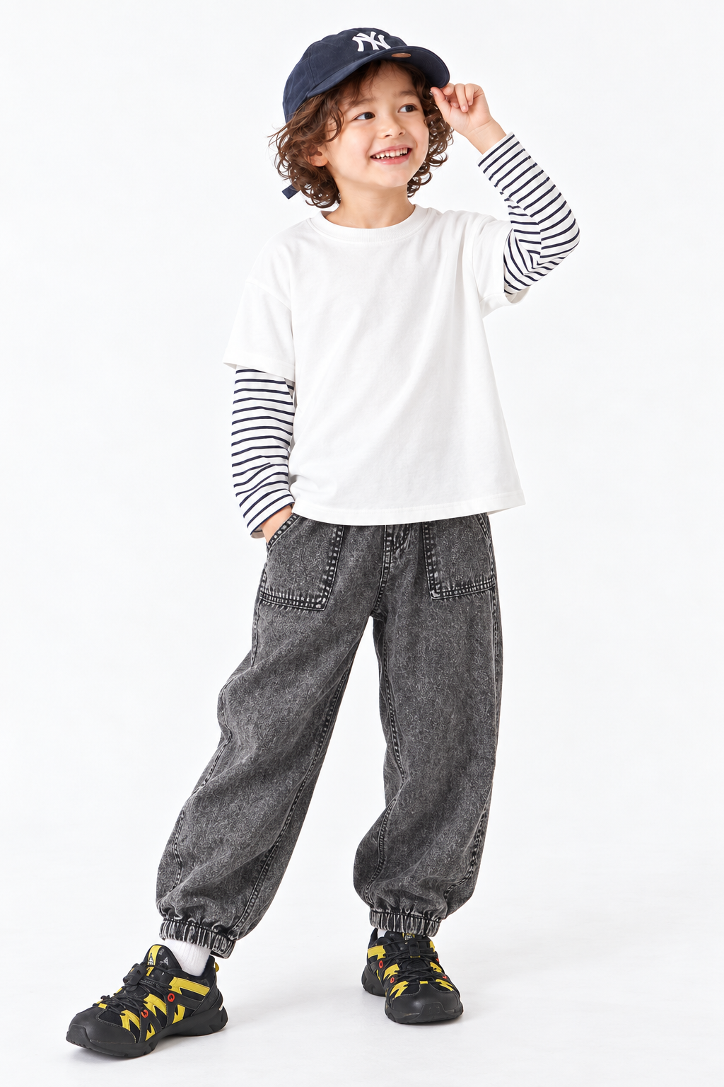 1005046 日系兒童基礎款純色條紋拼接袖薄款棉TEE 第 5 張