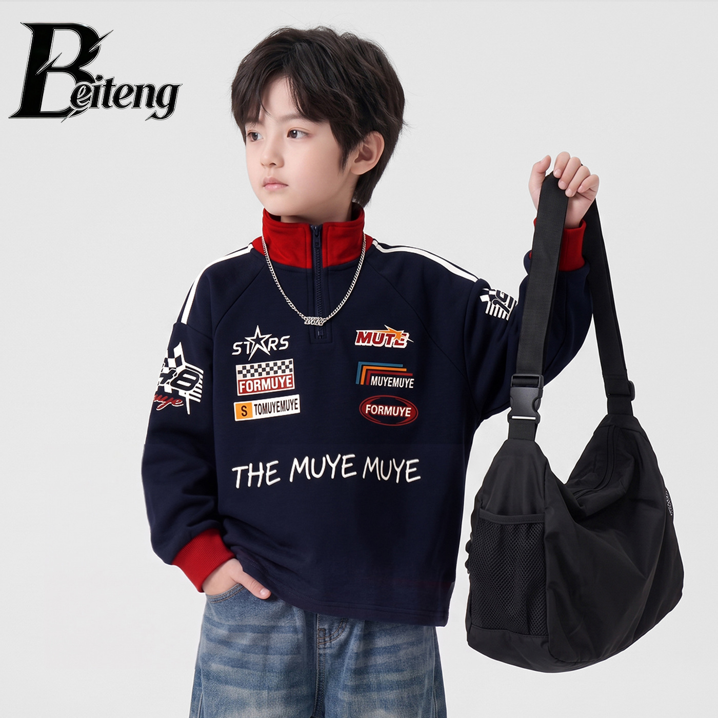 1012007 少年中大童韓系潮流賽車風立領拉鍊TEE 第 6 張