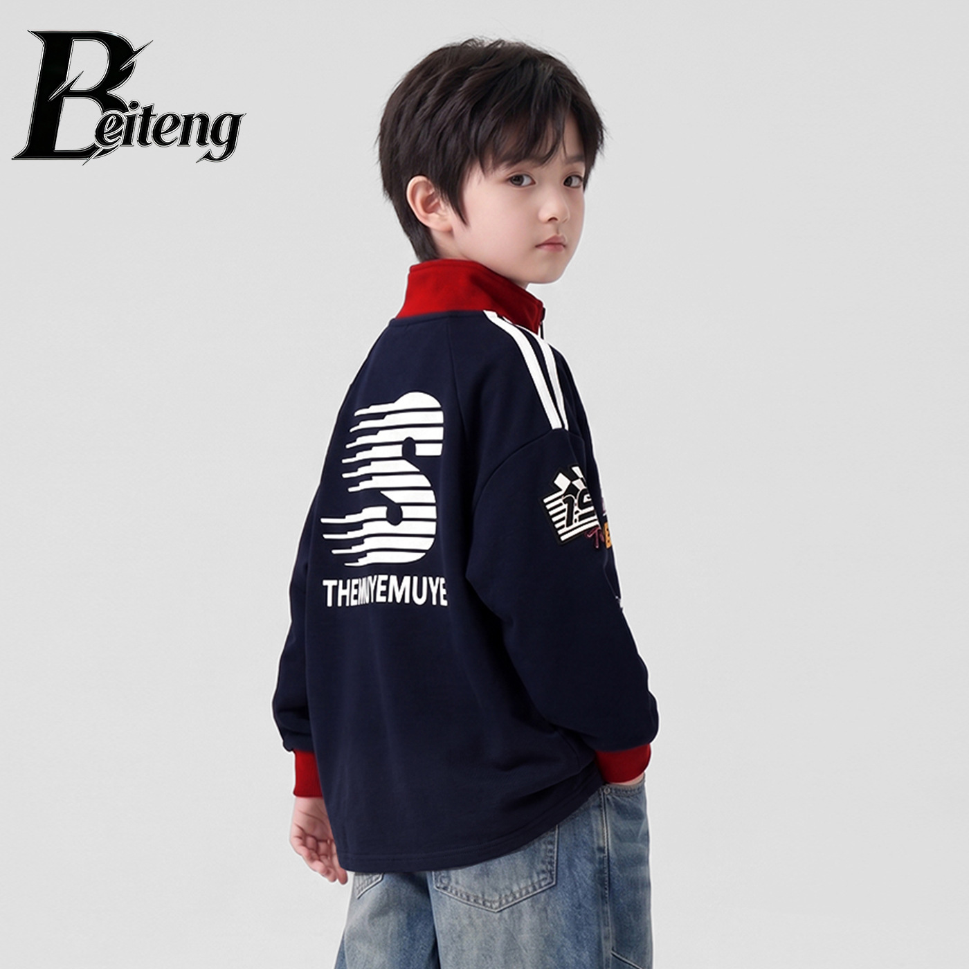 1012007 少年中大童韓系潮流賽車風立領拉鍊TEE 第 3 張