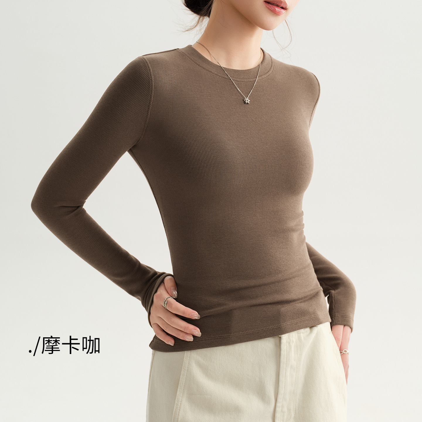 1012016 秋季chic圓領磨毛彈力螺紋修身百搭純色TEE 第 11 張