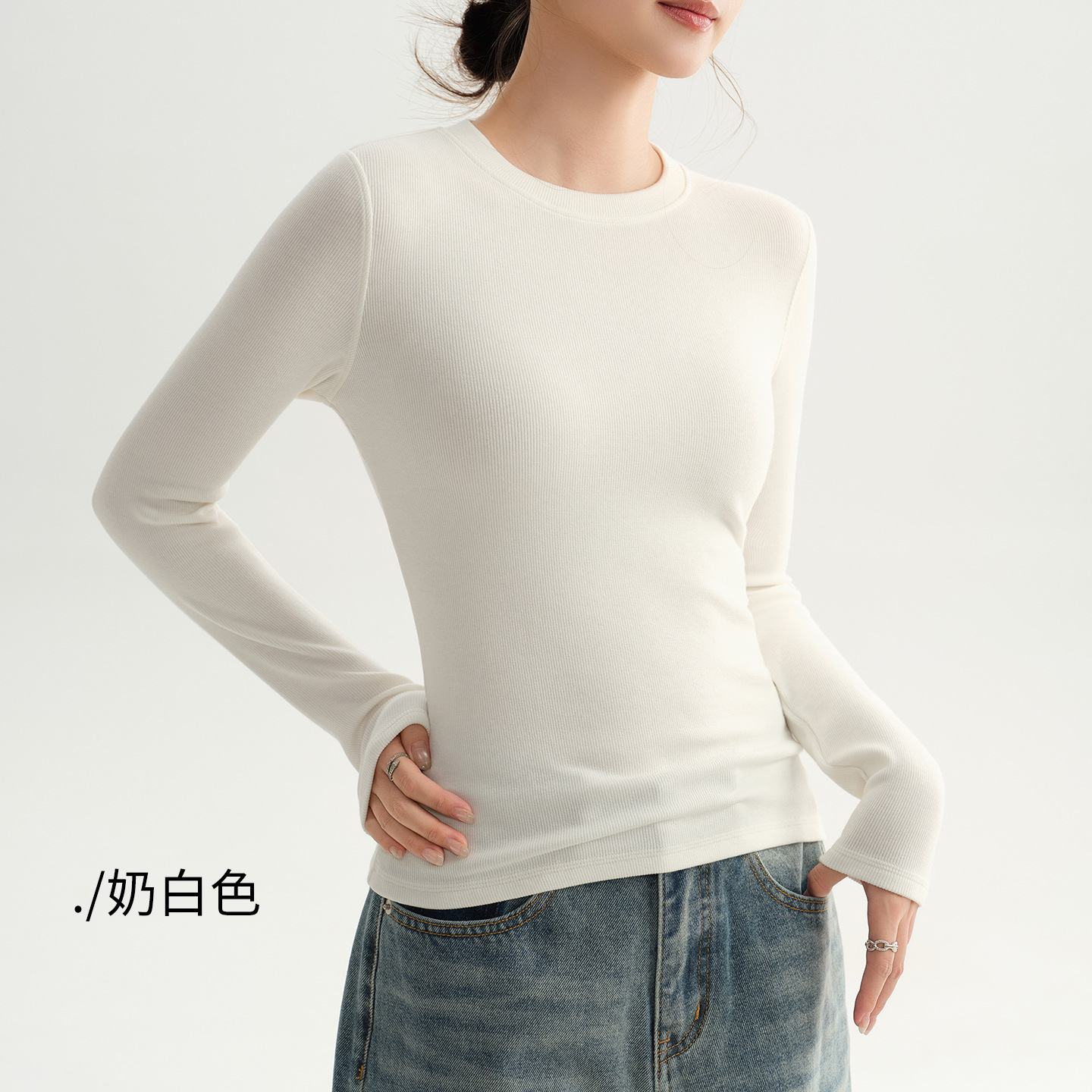 1012016 秋季chic圓領磨毛彈力螺紋修身百搭純色TEE 第 12 張