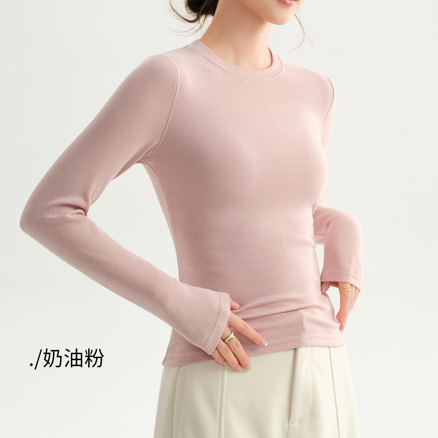 1012016 秋季chic圓領磨毛彈力螺紋修身百搭純色TEE 第 13 張