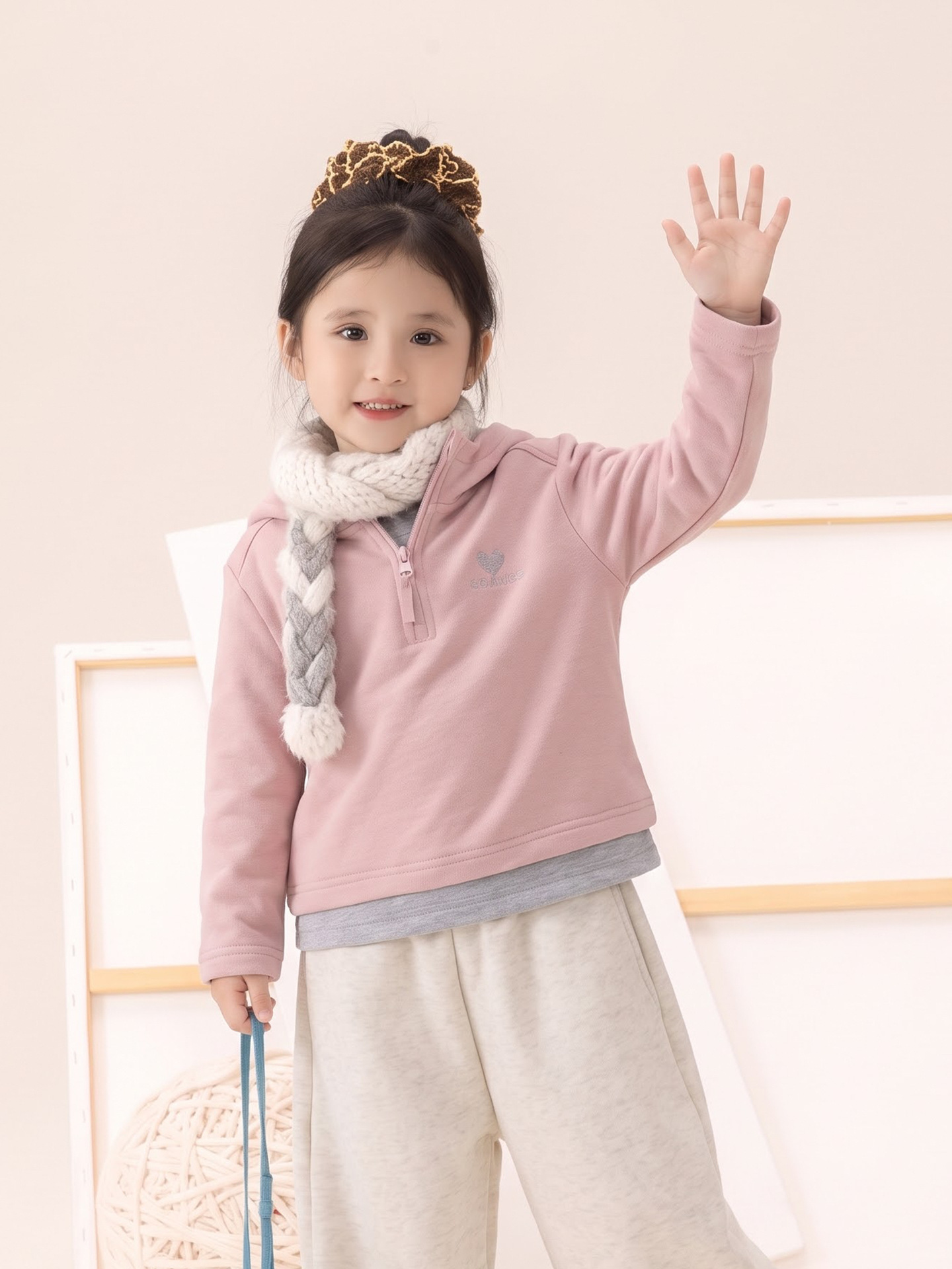 1012042 少女中大童秋冬撞色假兩件半拉鏈連帽上衣 第 2 張