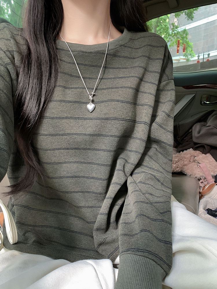 1019006 韓系秋款女士顯瘦慵懶風條紋撞色圓領針織長袖TEE
