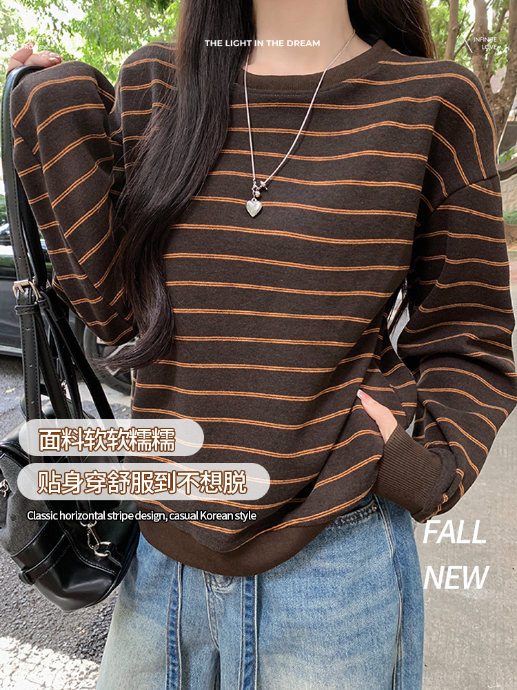 1019006 韓系秋款女士顯瘦慵懶風條紋撞色圓領針織長袖TEE 第 3 張