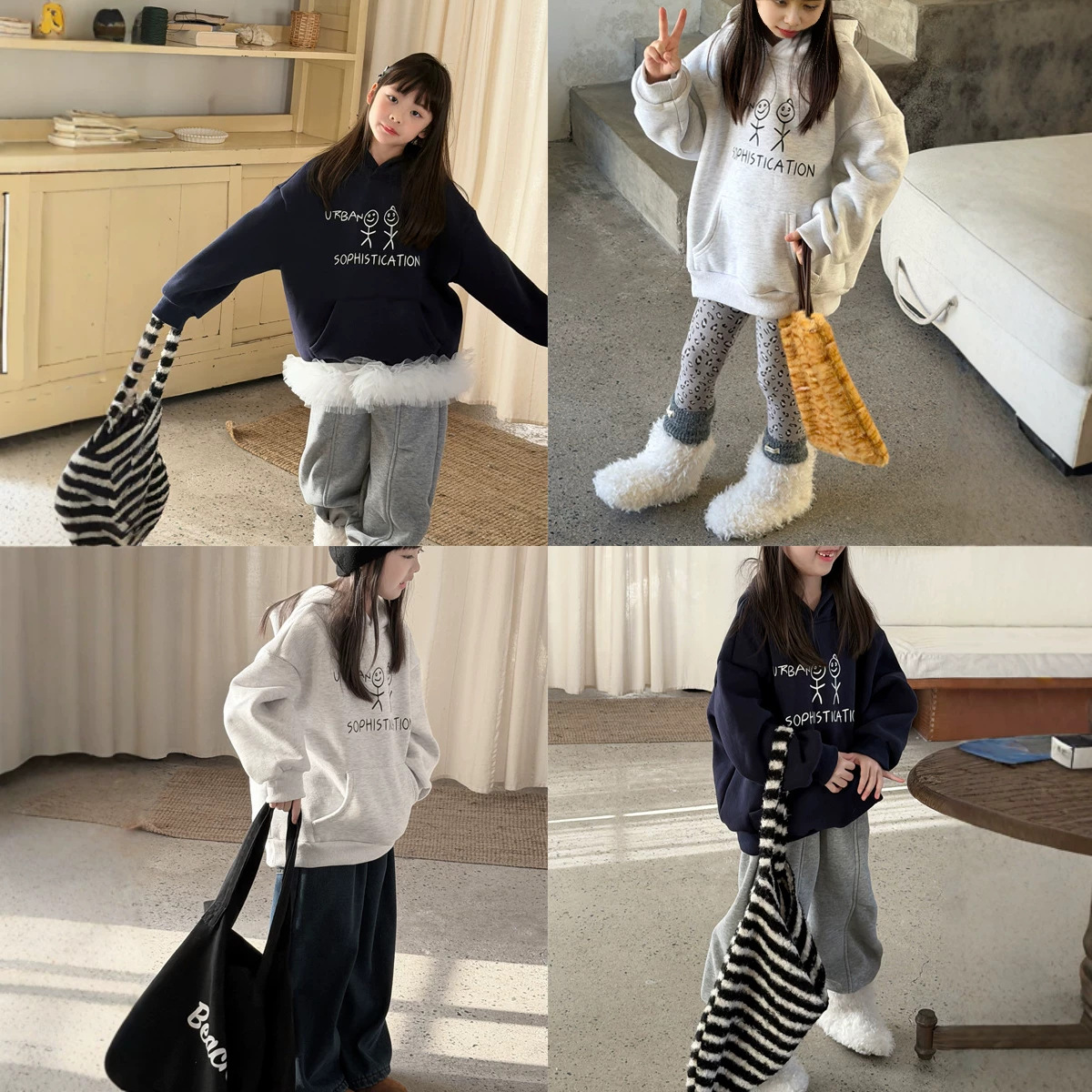 1019013 中大童冬季韓版復古卡通火柴人印花加絨寬鬆帽TEE 第 5 張