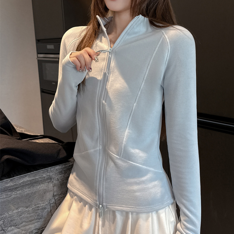 1019043 韓系女士上下開拉鍊修身顯瘦立裁立領外套 第 7 張