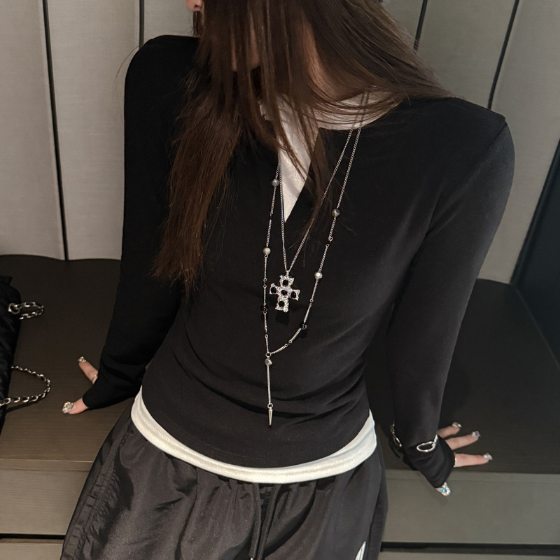 1019044 韓系女士撞色V領假兩件顯瘦修身長袖上衣 第 11 張
