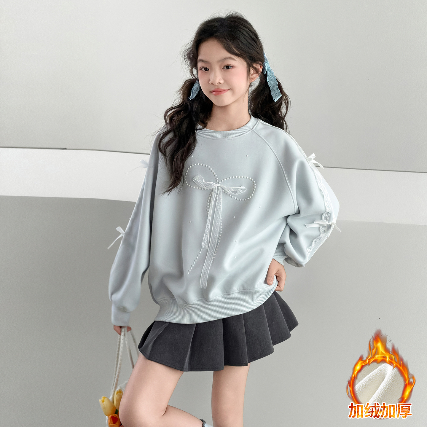 1019066 韓系少女中大童溫柔風蝴蝶結造型刷毛加厚寬鬆TEE 第 5 張