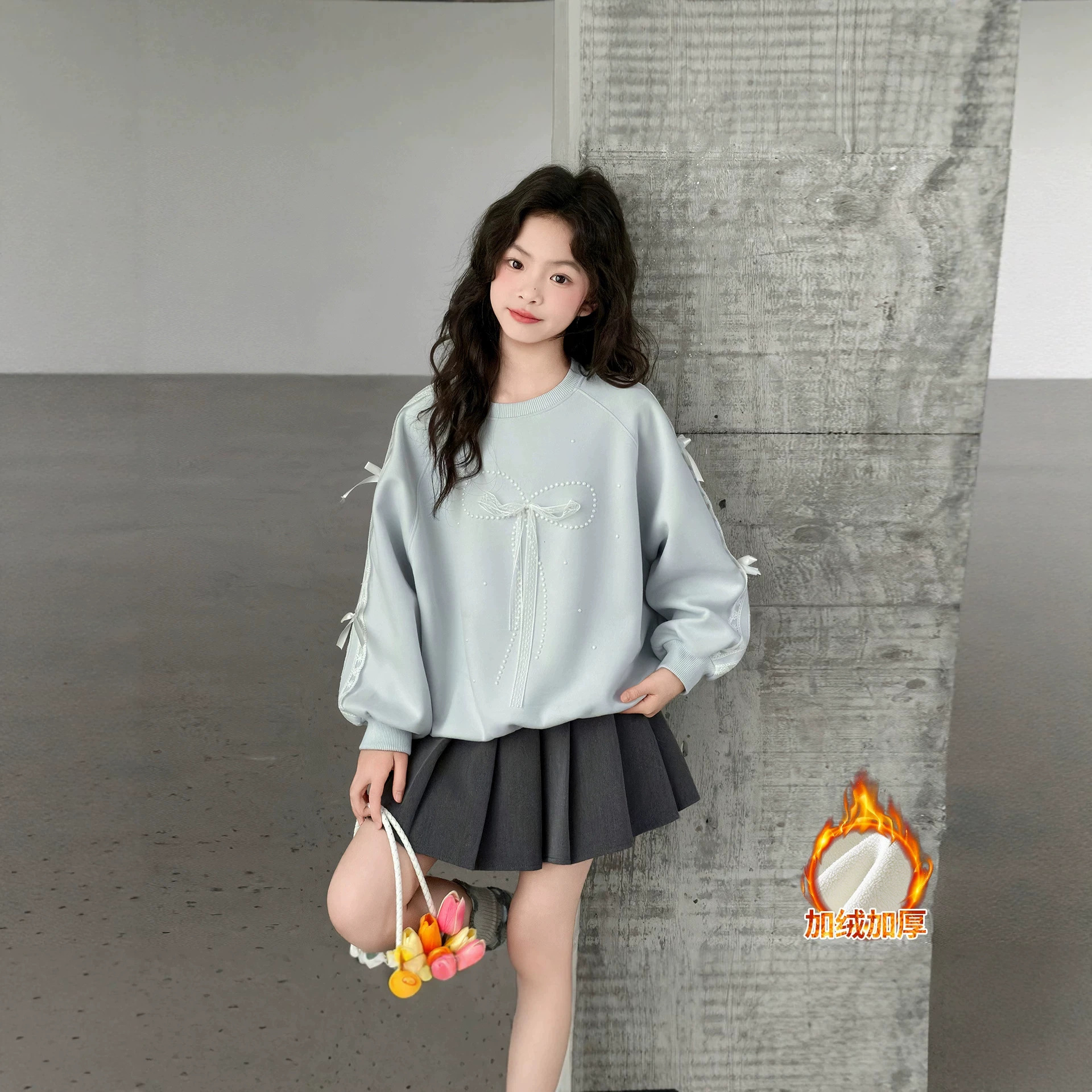 1019066 韓系少女中大童溫柔風蝴蝶結造型刷毛加厚寬鬆TEE 第 3 張