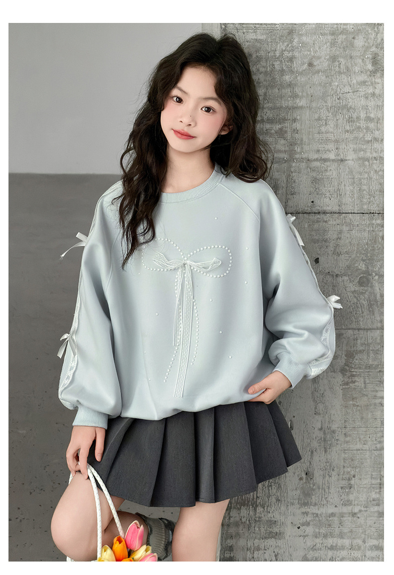 1019066 韓系少女中大童溫柔風蝴蝶結造型刷毛加厚寬鬆TEE 第 6 張