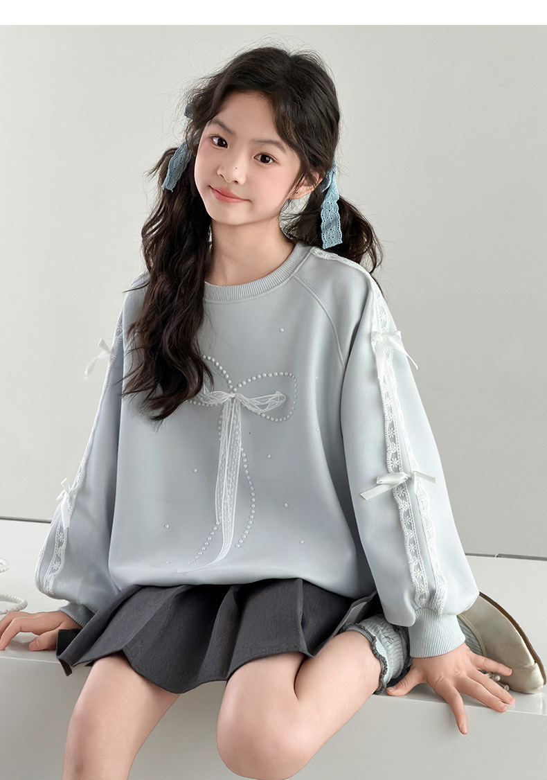 1019066 韓系少女中大童溫柔風蝴蝶結造型刷毛加厚寬鬆TEE 第 11 張