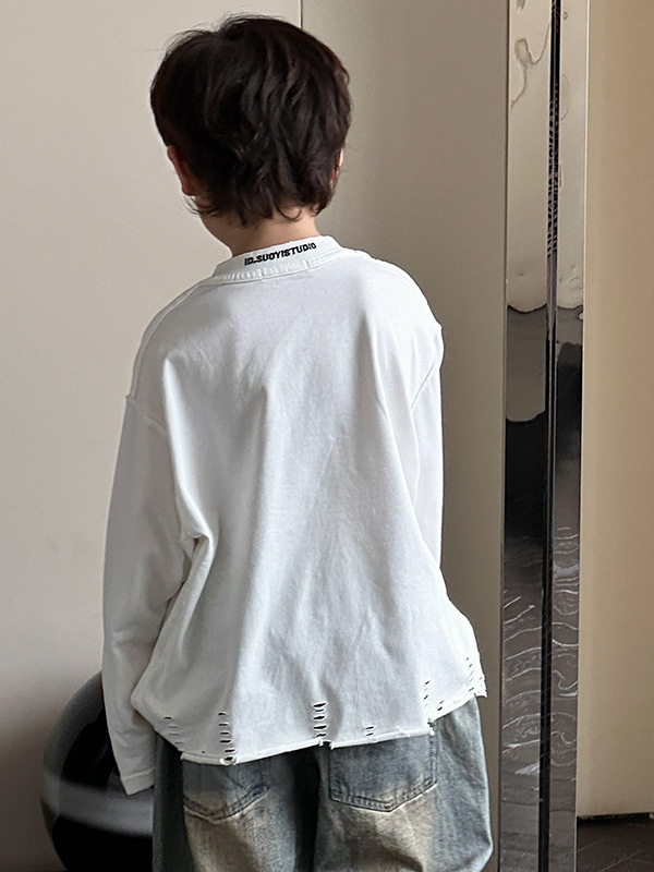 1019076 少年中大童基礎純色破洞寬鬆薄長袖TEE 第 3 張