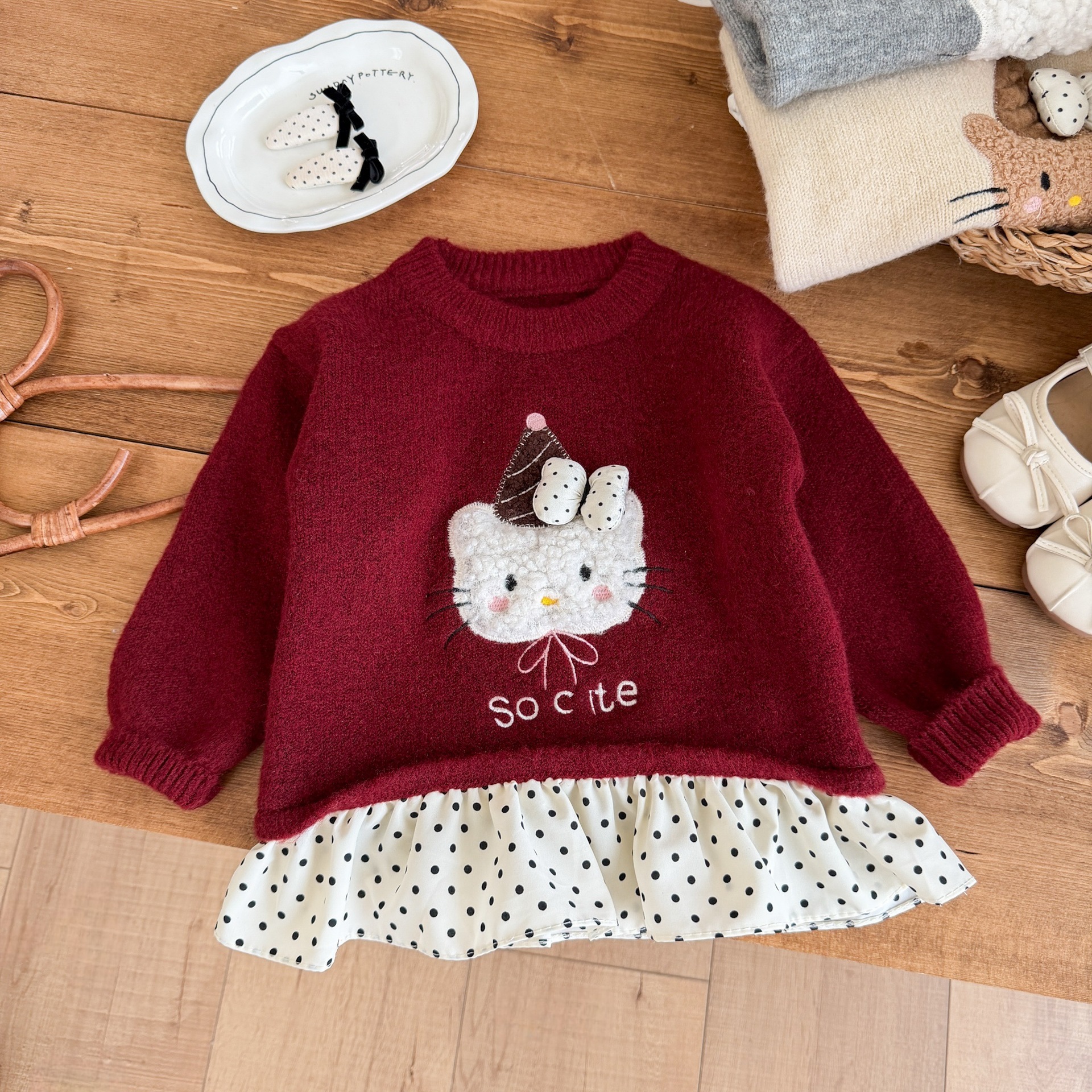 1026011 日系甜美女童可愛貓咪刺繡針織上衣 第 4 張