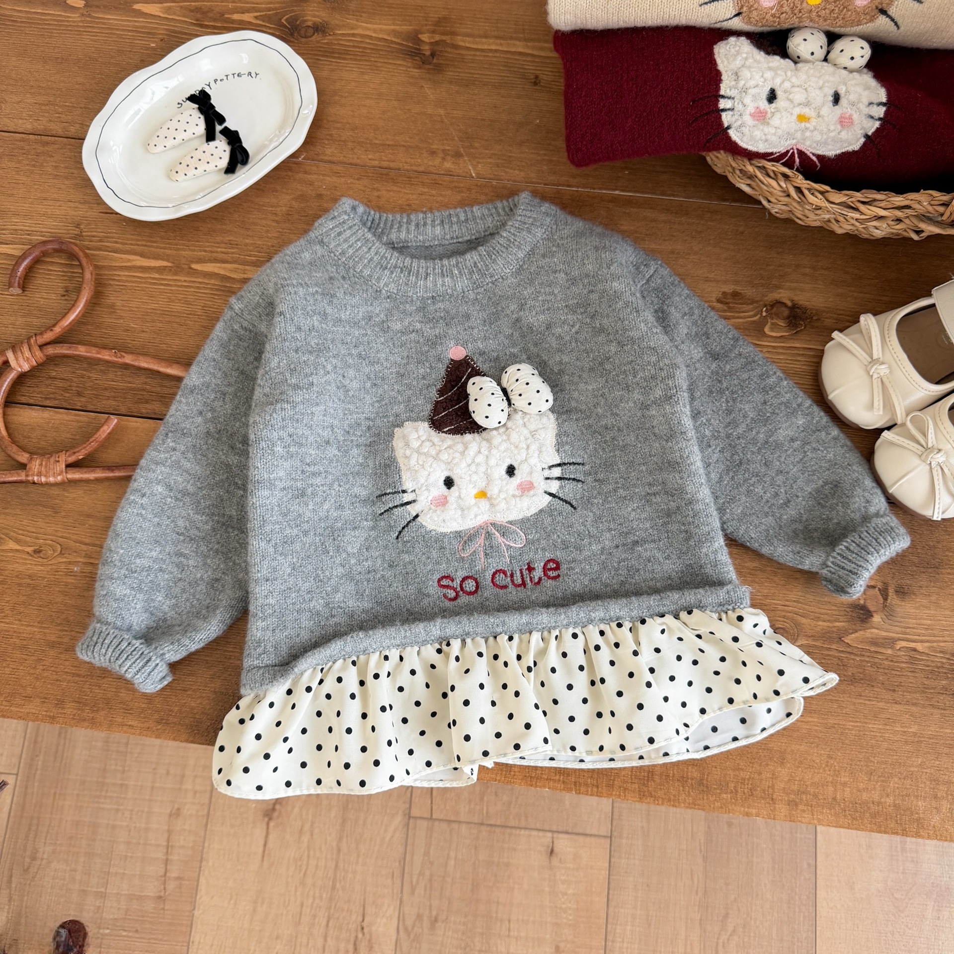 1026011 日系甜美女童可愛貓咪刺繡針織上衣 第 5 張