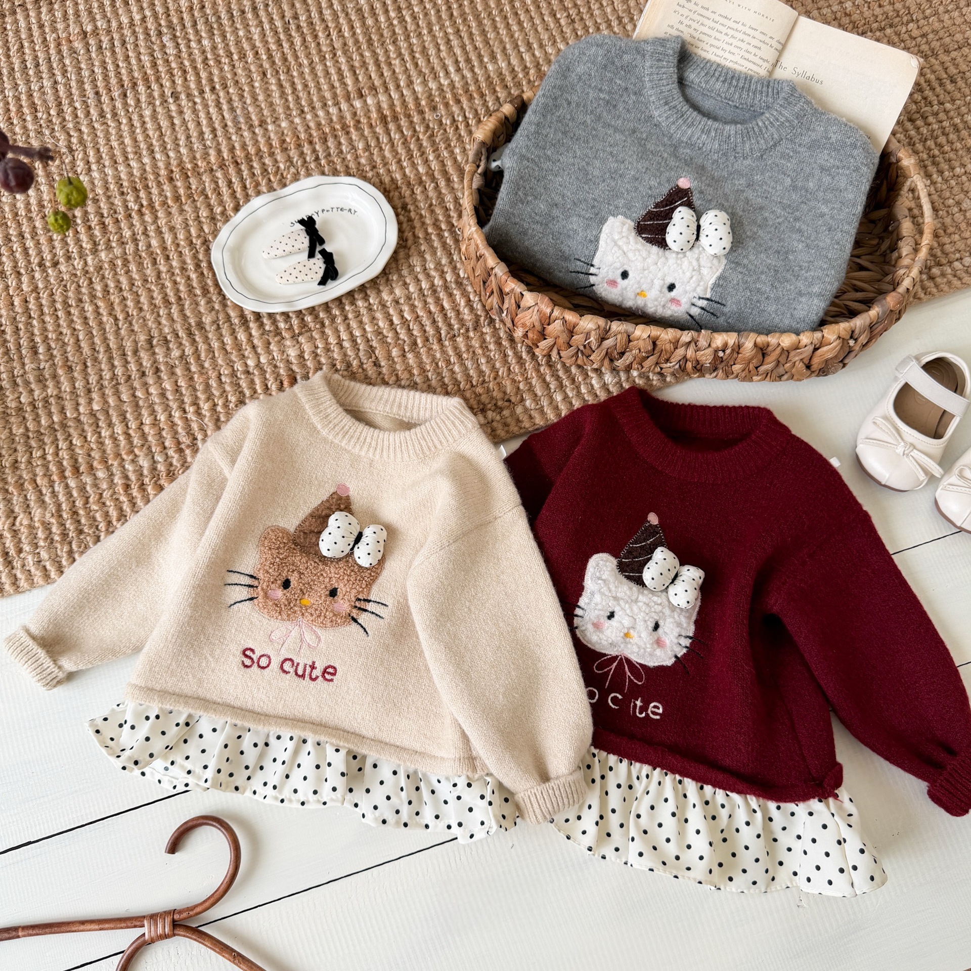 1026011 日系甜美女童可愛貓咪刺繡針織上衣 第 2 張