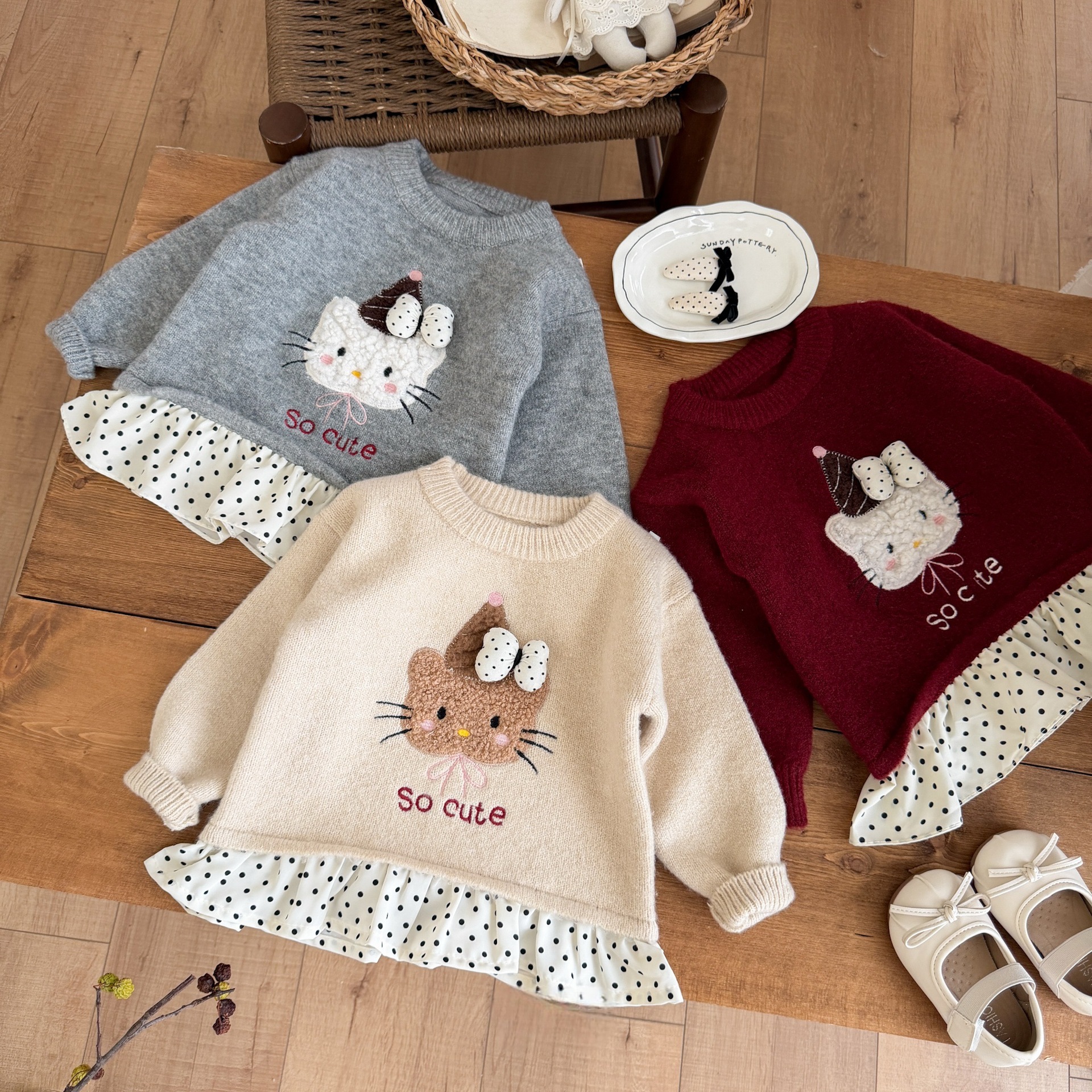 1026011 日系甜美女童可愛貓咪刺繡針織上衣 第 6 張