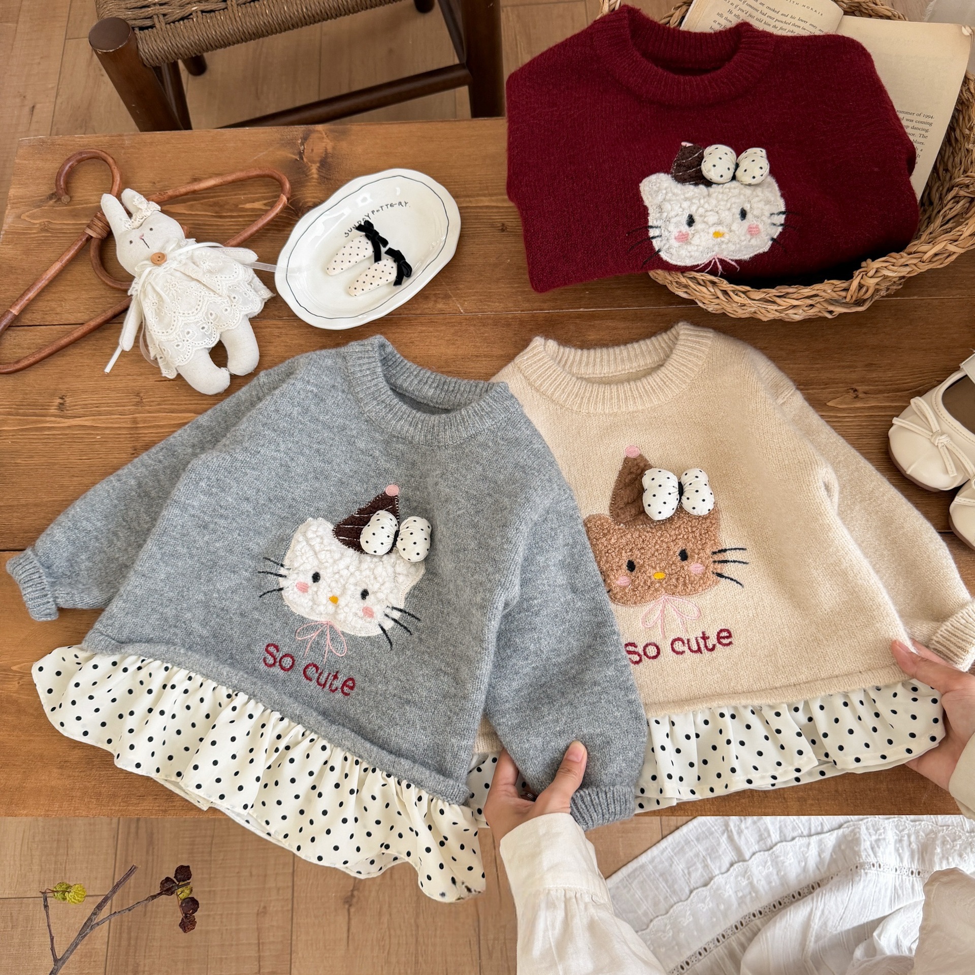1026011 日系甜美女童可愛貓咪刺繡針織上衣 第 7 張