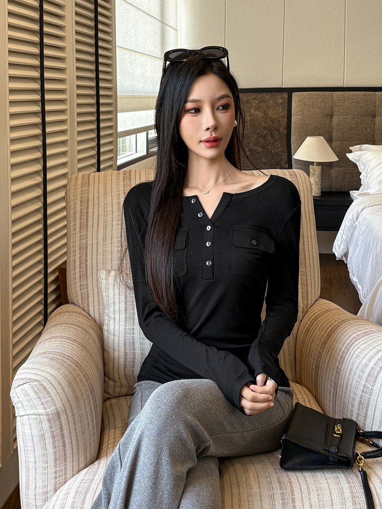 1026020 韓系女士休閒排釦口袋修身莫代爾長袖TEE 第 3 張