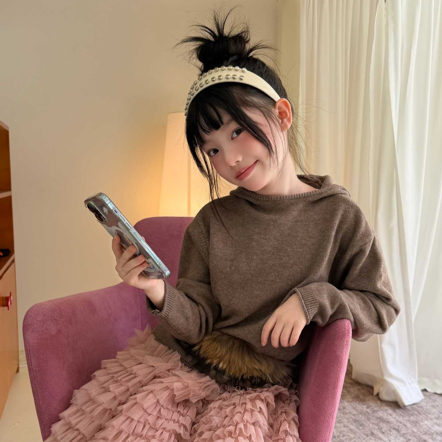 1026025 少女韓系小眾設計廓形剪裁連帽針織上衣 第 3 張