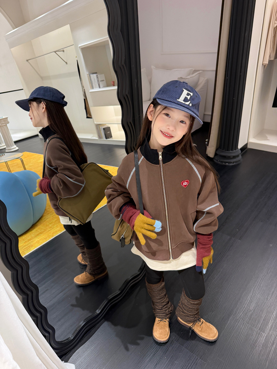 1026032 少女美式復古風立領咖色寬鬆復合奧粒絨夾克外套 第 4 張