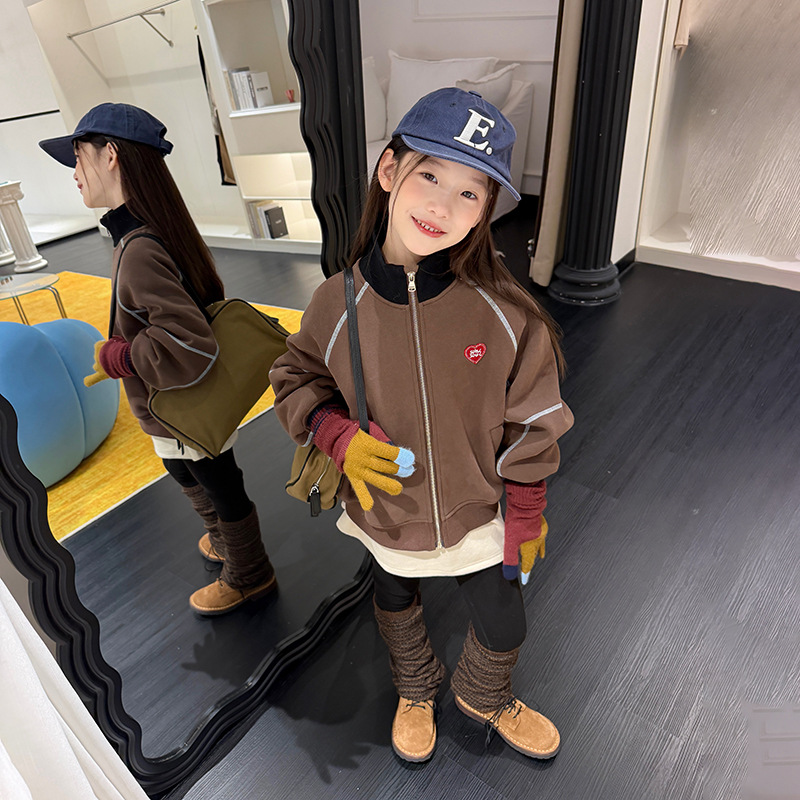 1026032 少女美式復古風立領咖色寬鬆復合奧粒絨夾克外套 第 9 張