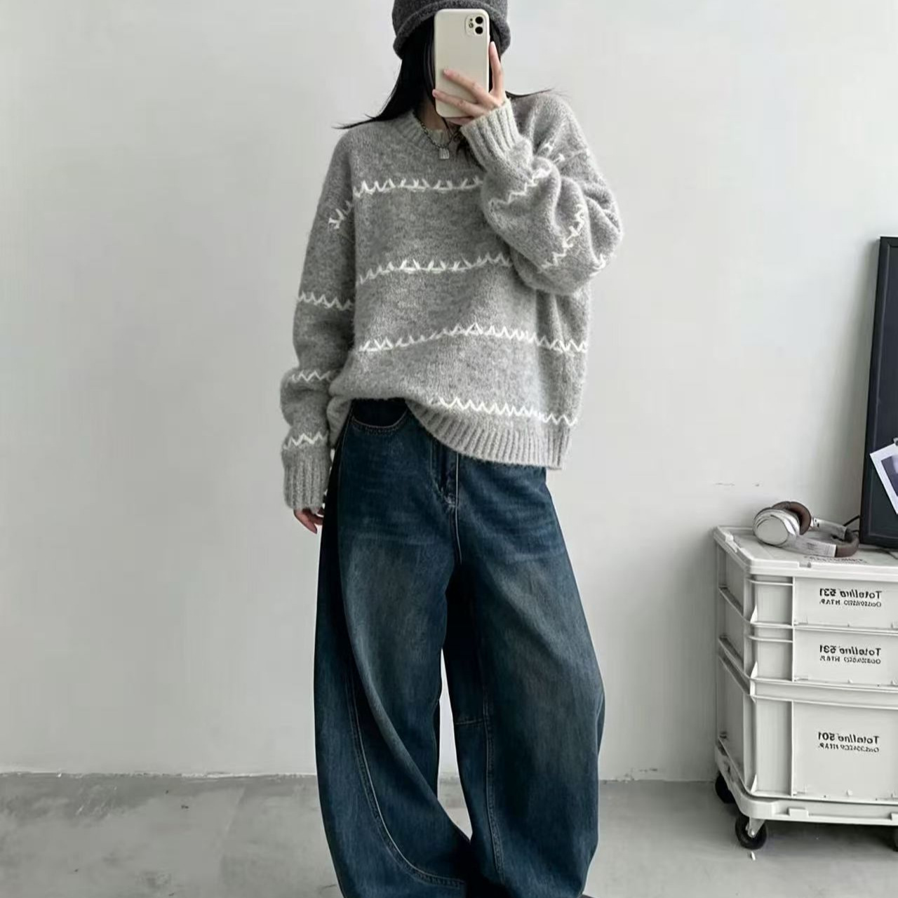 1026053 韓系女士chill圓領寬鬆條紋撞色溫柔針織上衣 第 5 張