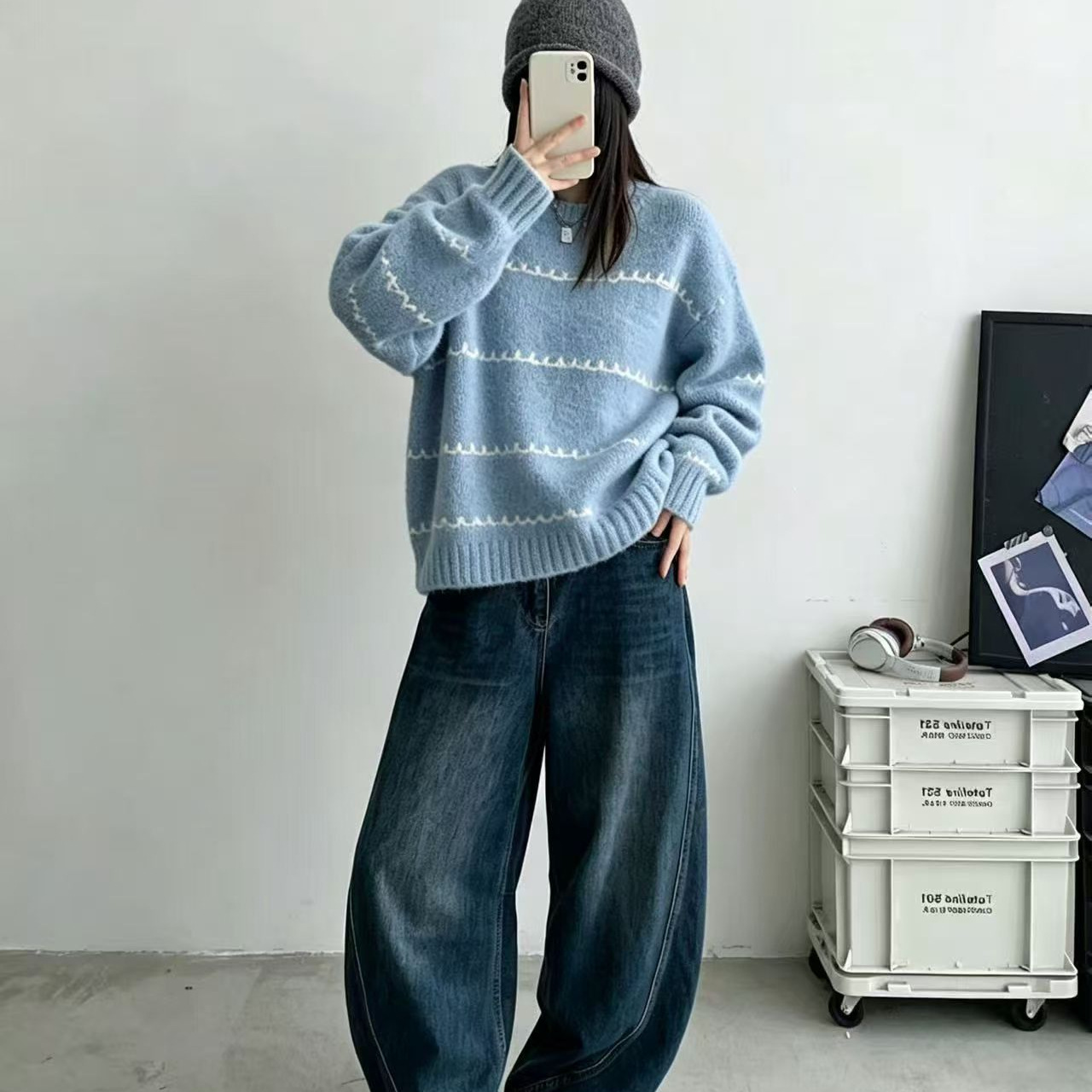 1026053 韓系女士chill圓領寬鬆條紋撞色溫柔針織上衣 第 7 張